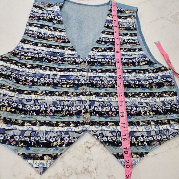 Vintage Boho Cottagecore Large Floral Patchwork Stripes Vest Embroidered Blue - Picture 8 of 9